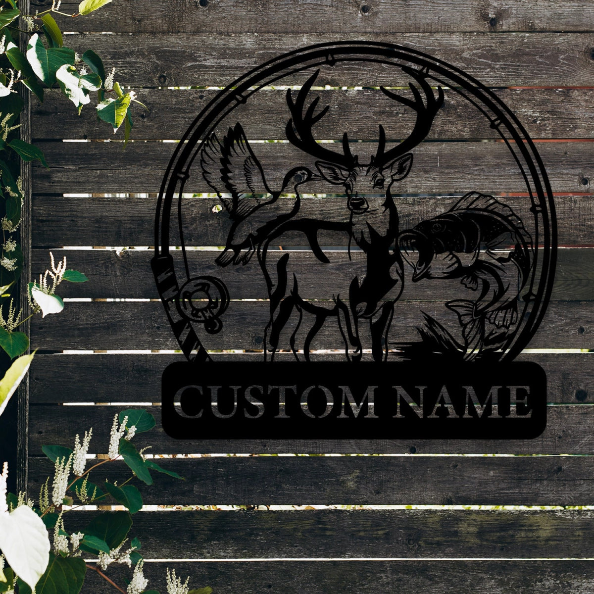 Custom Metal Wall Art Decor - Deer and Fish Outdoor Design with Personalized Name Plate - Image 3
