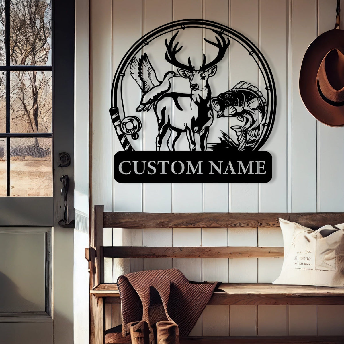 Custom Metal Wall Art Decor - Deer and Fish Outdoor Design with Personalized Name Plate - Image 2