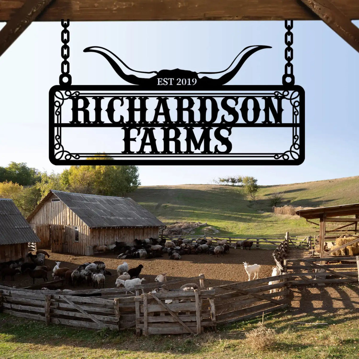 Personalized Metal Farm Sign with Bull Horns - Image 2