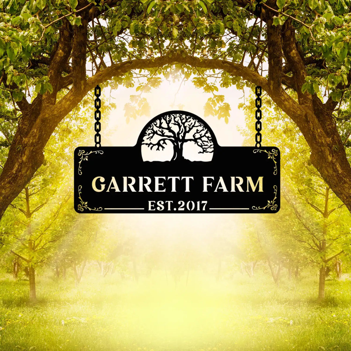 Personalized Metal Farm Sign with Tree and Garrett Farm Name - Image 4