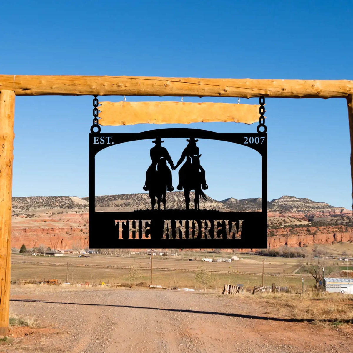 Personalized Metal Ranch Sign with Two Cowboys on Horses - Image 4