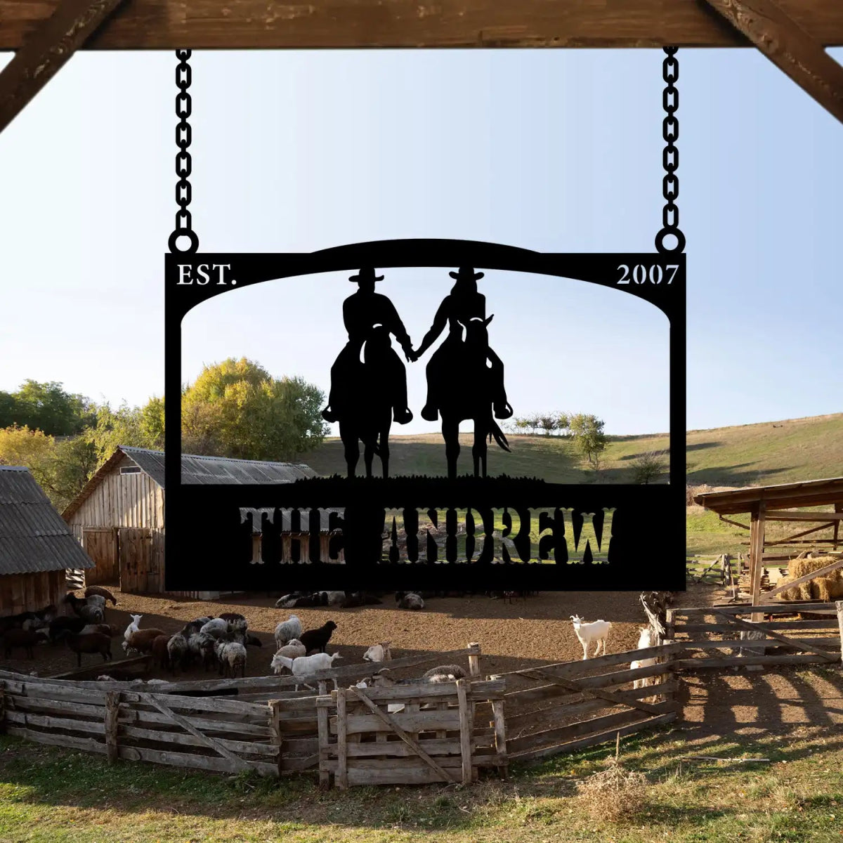 Personalized Metal Ranch Sign with Two Cowboys on Horses - Image 6