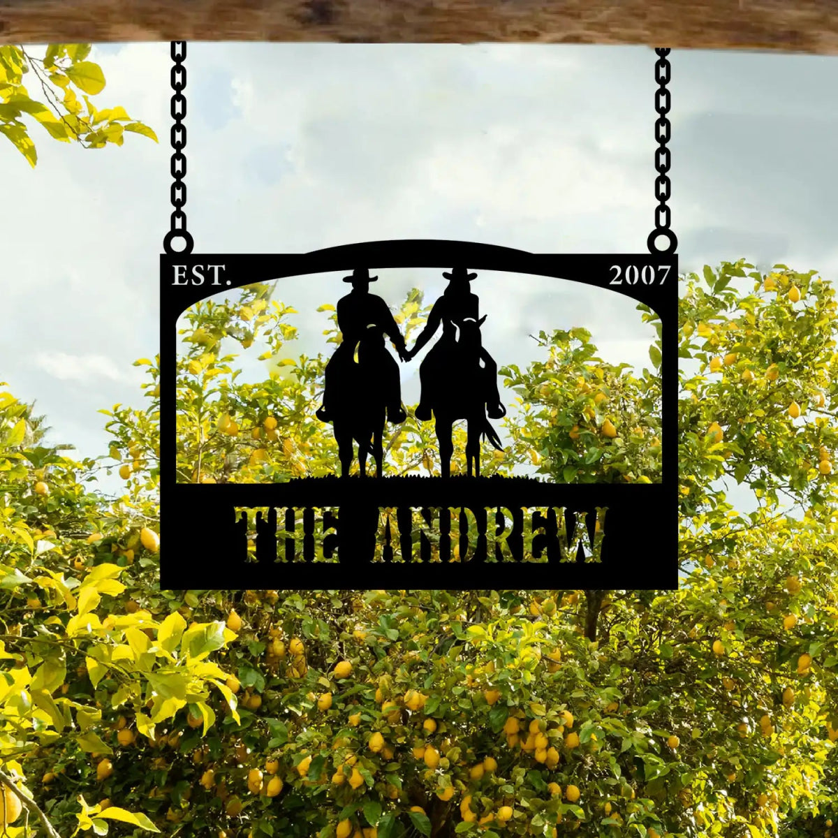 Personalized Metal Ranch Sign with Two Cowboys on Horses - Image 3