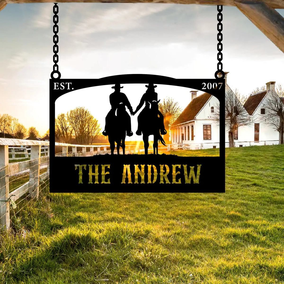 Personalized Metal Ranch Sign with Two Cowboys on Horses - Image 2