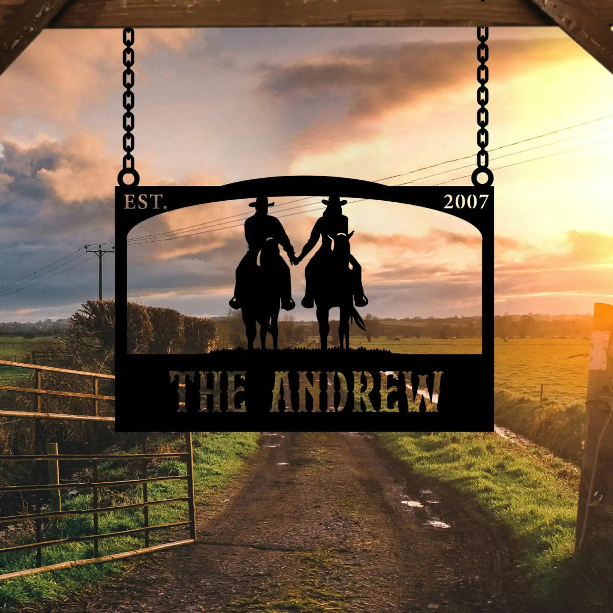 Personalized Metal Ranch Sign with Two Cowboys on Horses - Image 5