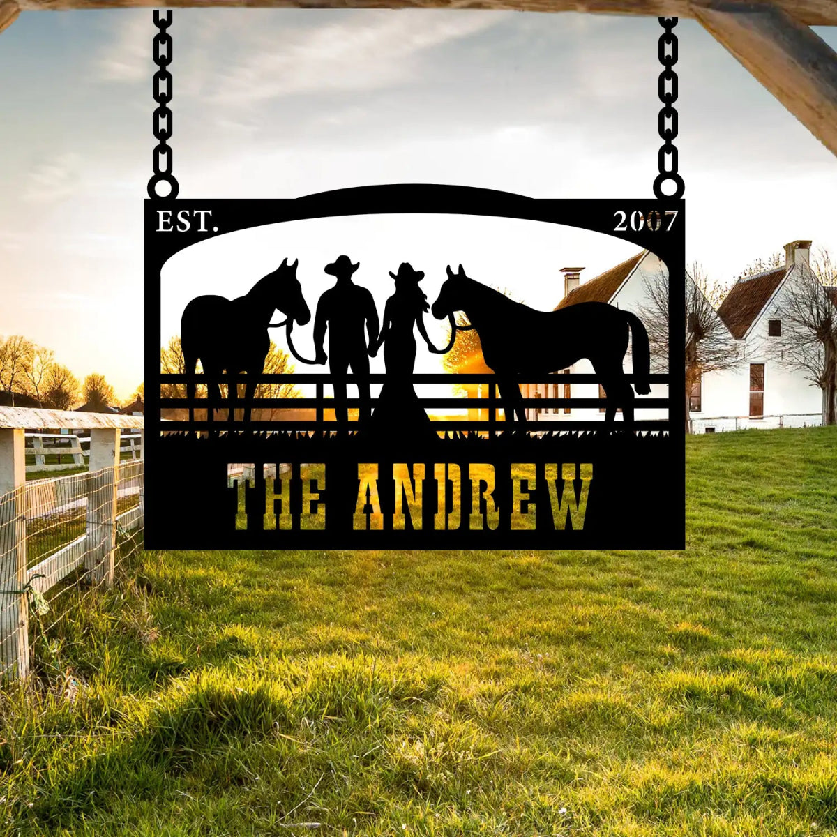The Andrew Custom Metal Farm Sign - Cowboy and Horses Metal Farm Sign - Image 2